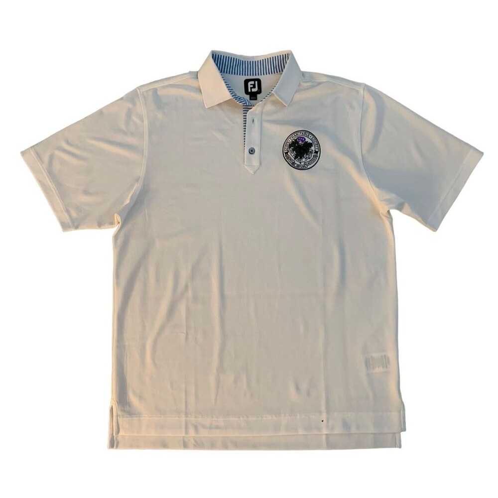 FootJoy Mens size L White Polo Golf Shirt Short Sleeve Scots Charitable Logo